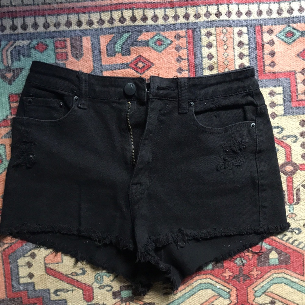 High rise black denim shorts